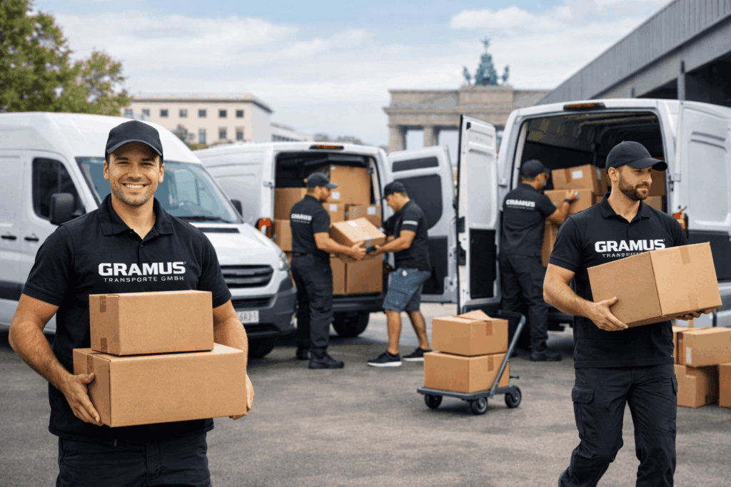 Paketlieferanten mit Kartons vor Transportern und Gramus Logo auf Shirt